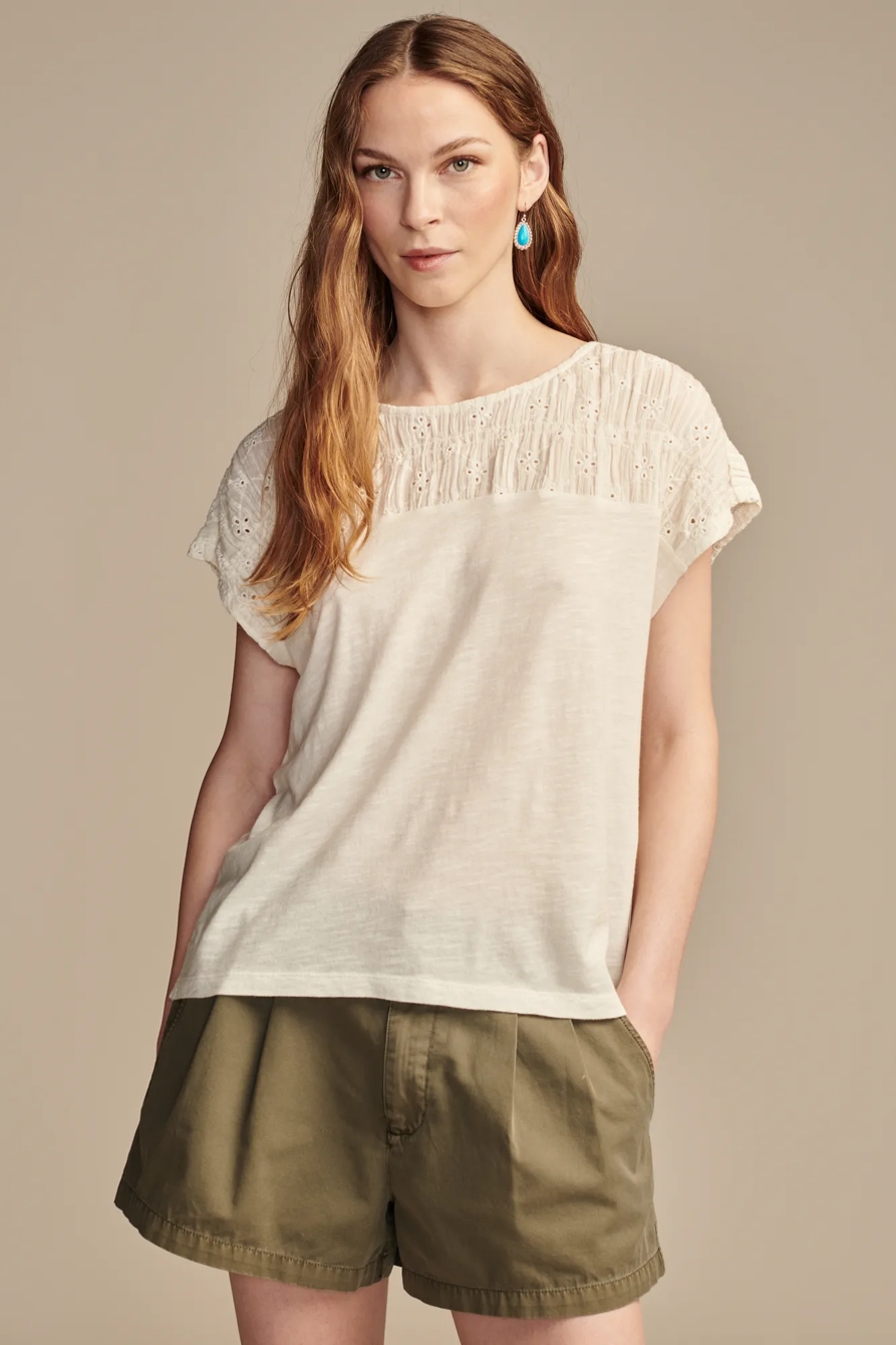 SMOCKED SCHIFFLY MIXED DOLMAN TEE, image 2