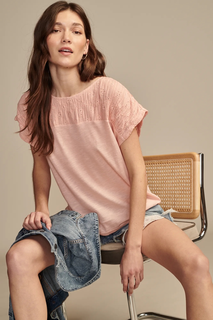 SMOCKED SCHIFFLY MIXED DOLMAN TEE, image 2