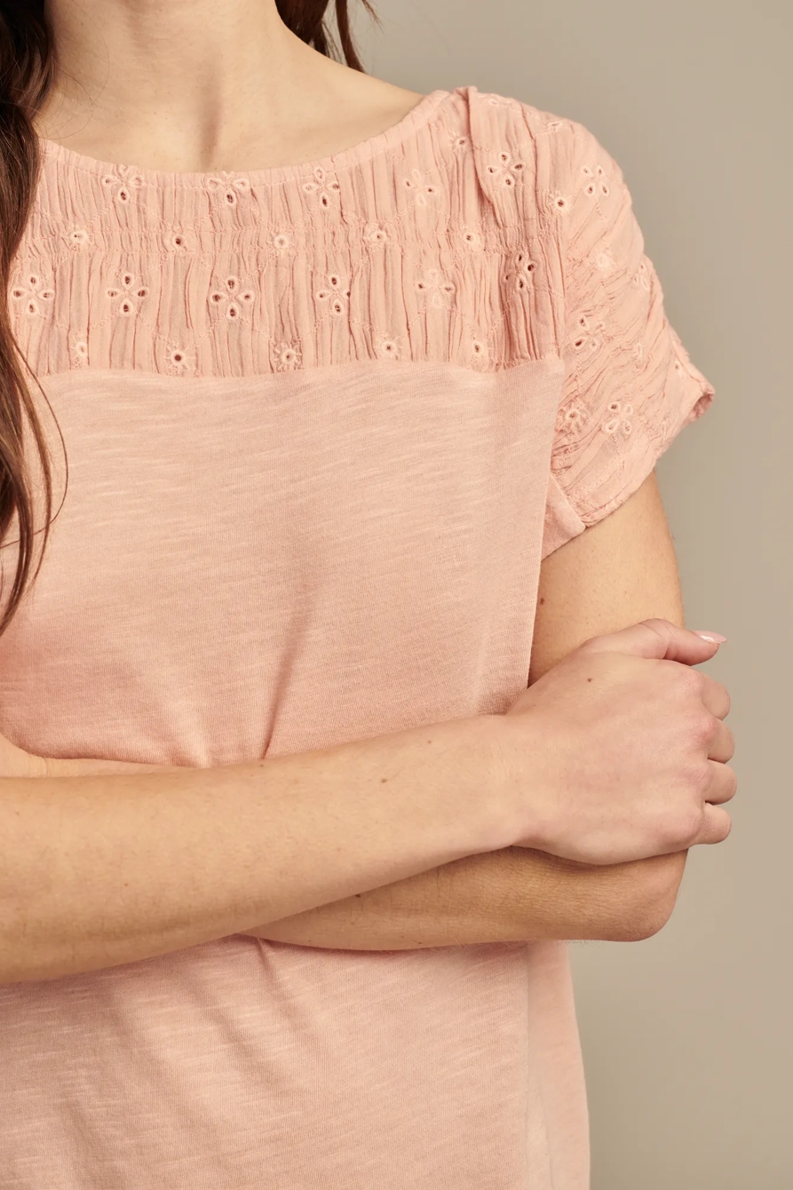SMOCKED SCHIFFLY MIXED DOLMAN TEE, image 3