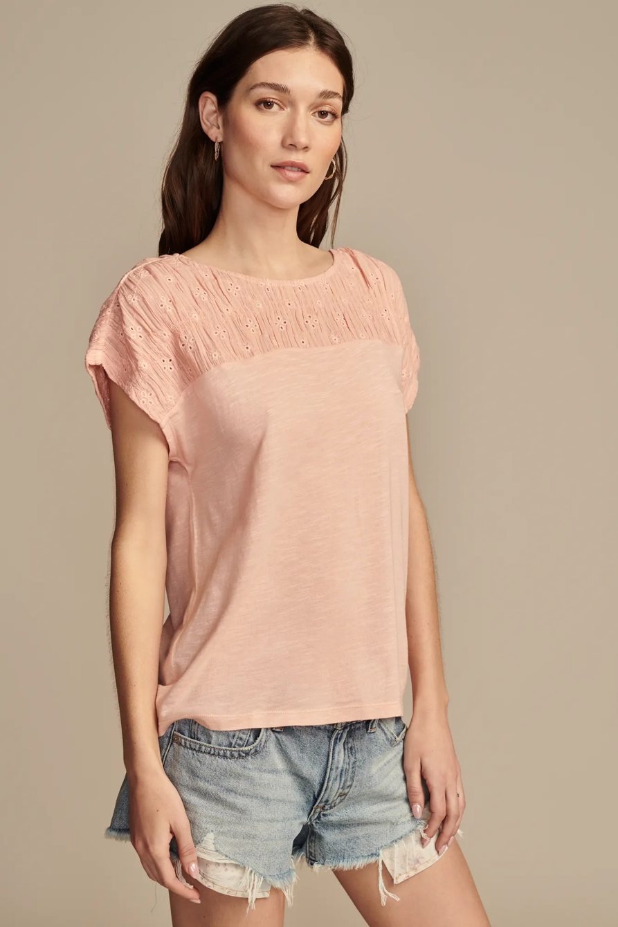 SMOCKED SCHIFFLY MIXED DOLMAN TEE, image 4