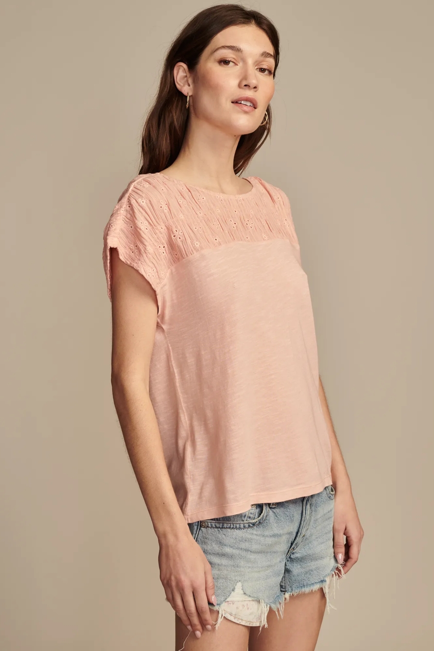 SMOCKED SCHIFFLY MIXED DOLMAN TEE, image 5