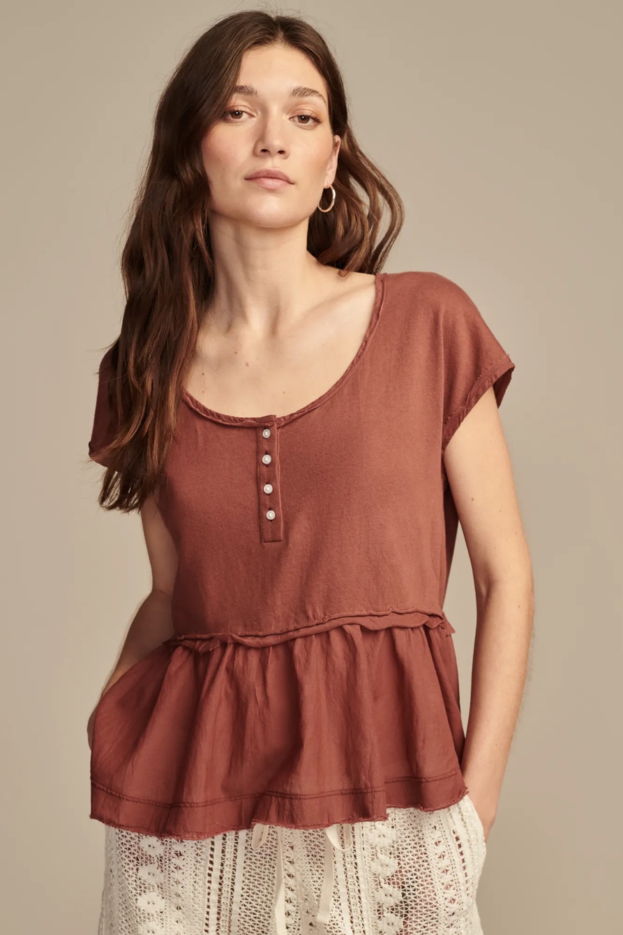 FABRIC MIX SHORT SLEEVE HENLEY, image 1