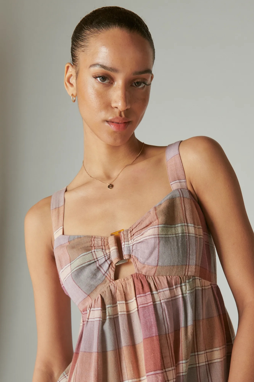 PLAID LINEN CUTOUT BABYDOLL DRESS, image 2