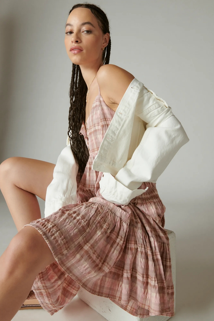 PLAID BUTTON FRONT TIERED MINI DRESS, image 2
