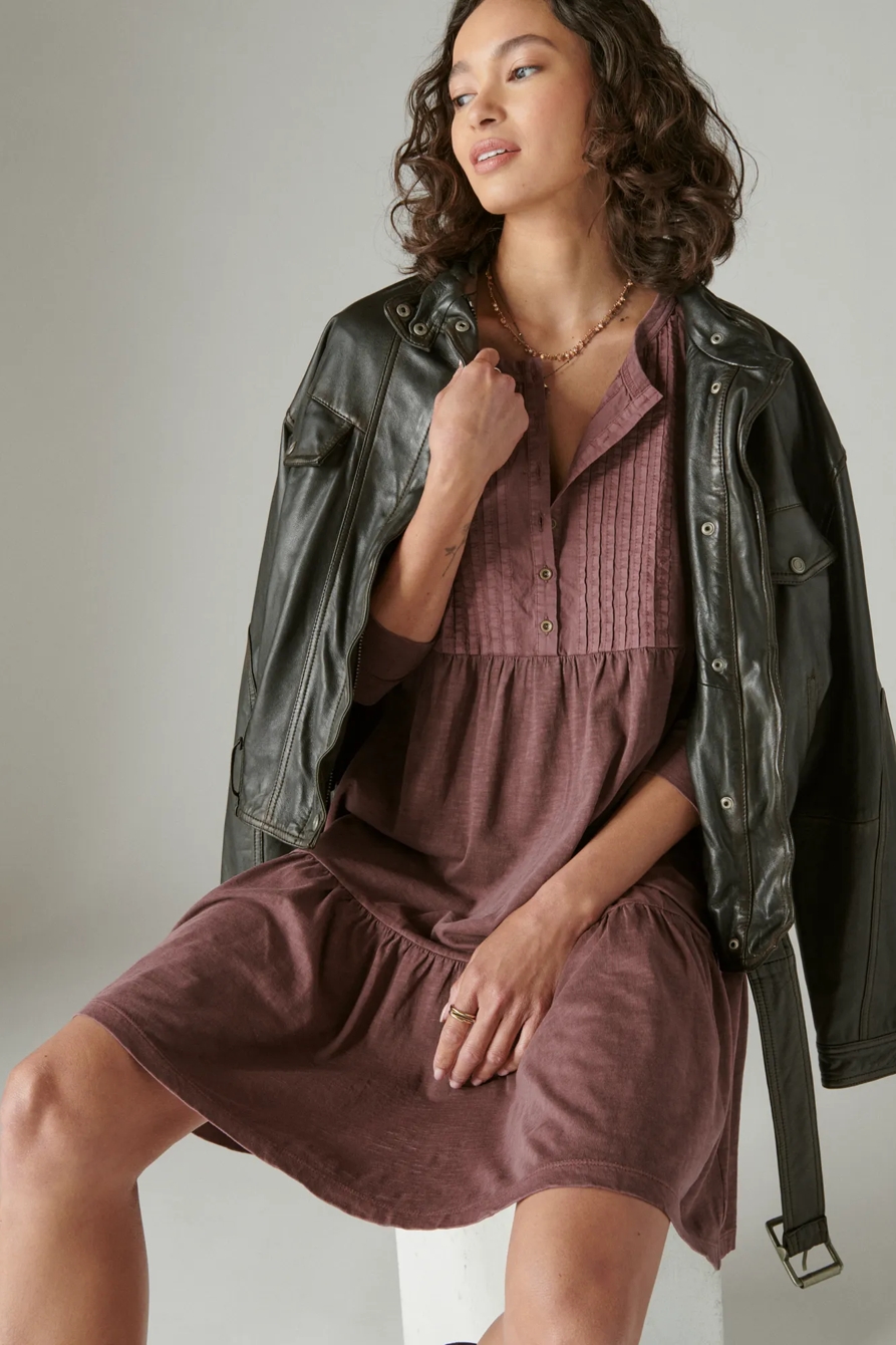 PINTUCK TIERED KNIT HENLEY DRESS, image 2