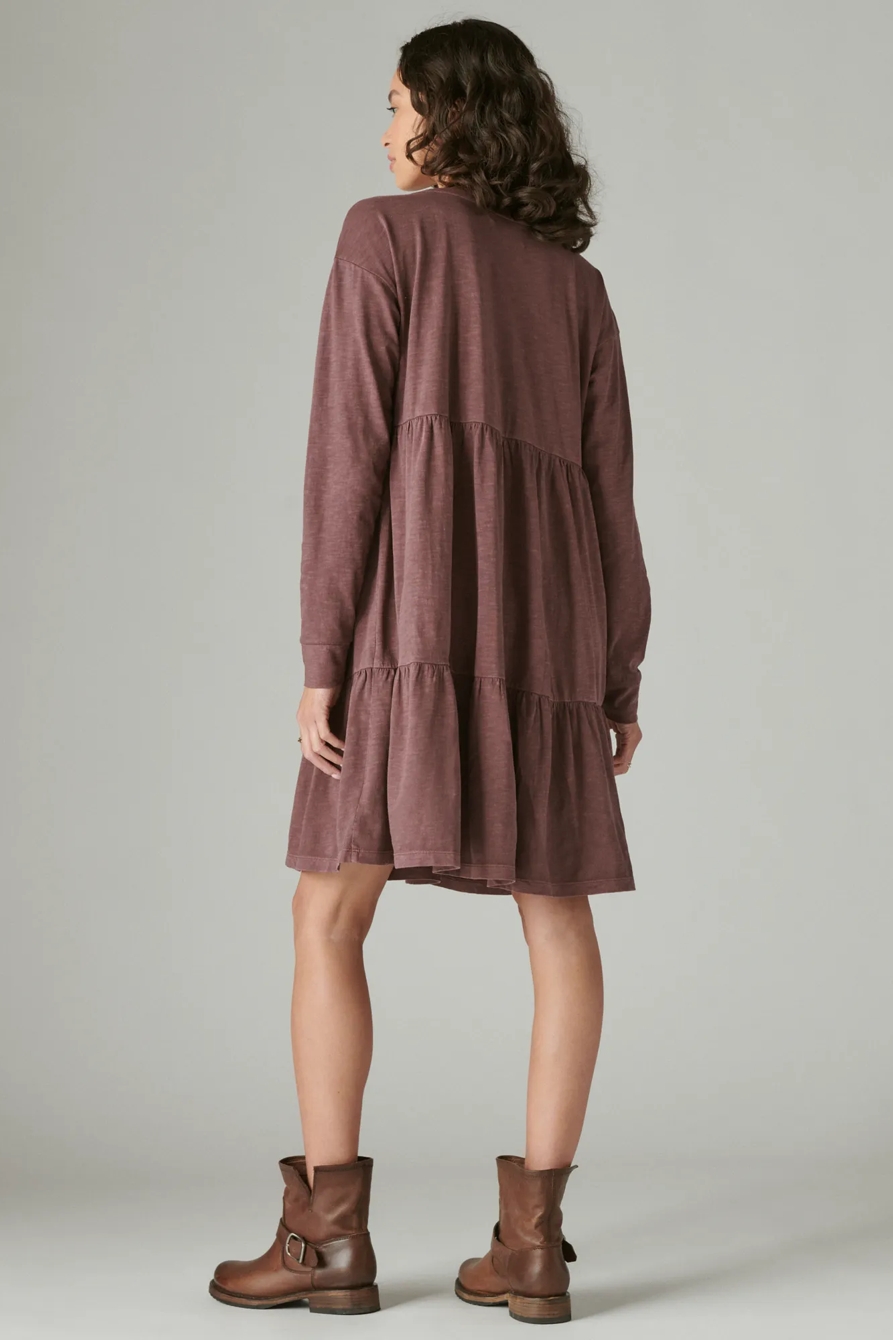 PINTUCK TIERED KNIT HENLEY DRESS, image 3