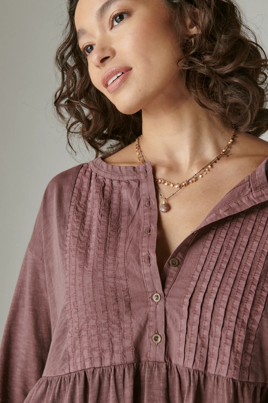 PINTUCK TIERED KNIT HENLEY DRESS, image 4