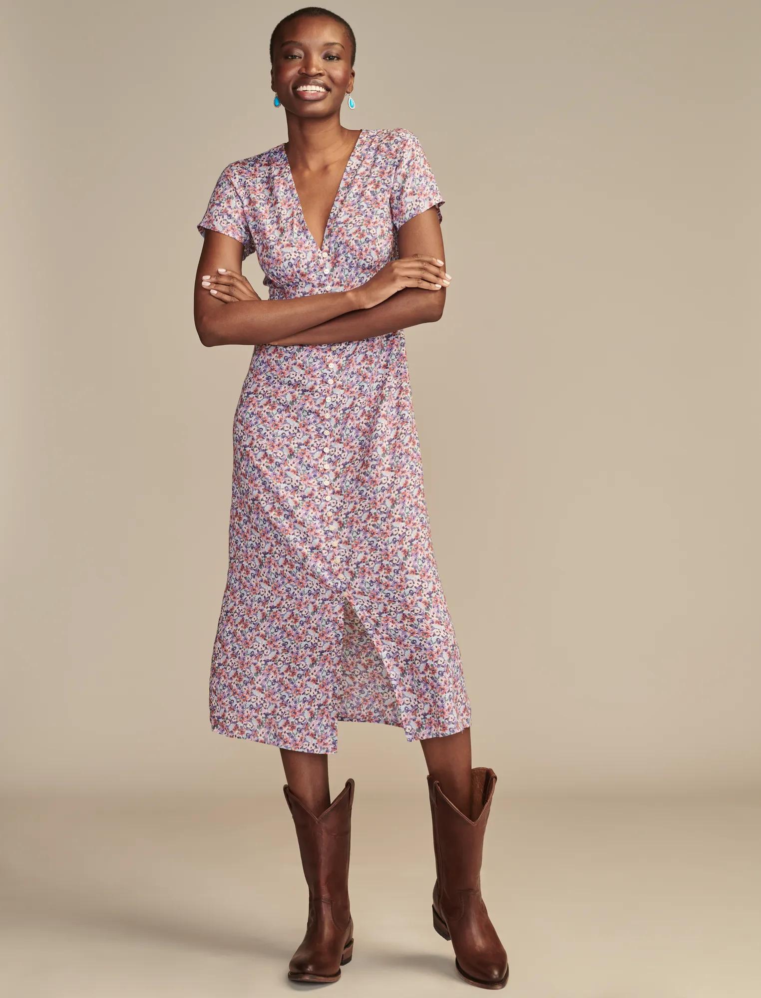 PRINT SHORT SLEEVE BUTTON FRONT MIDI DRESS | Lucky Brand
