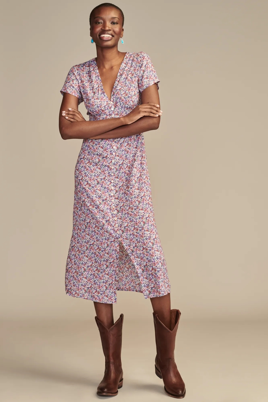PRINT SHORT SLEEVE BUTTON FRONT MIDI DRESS, image 1