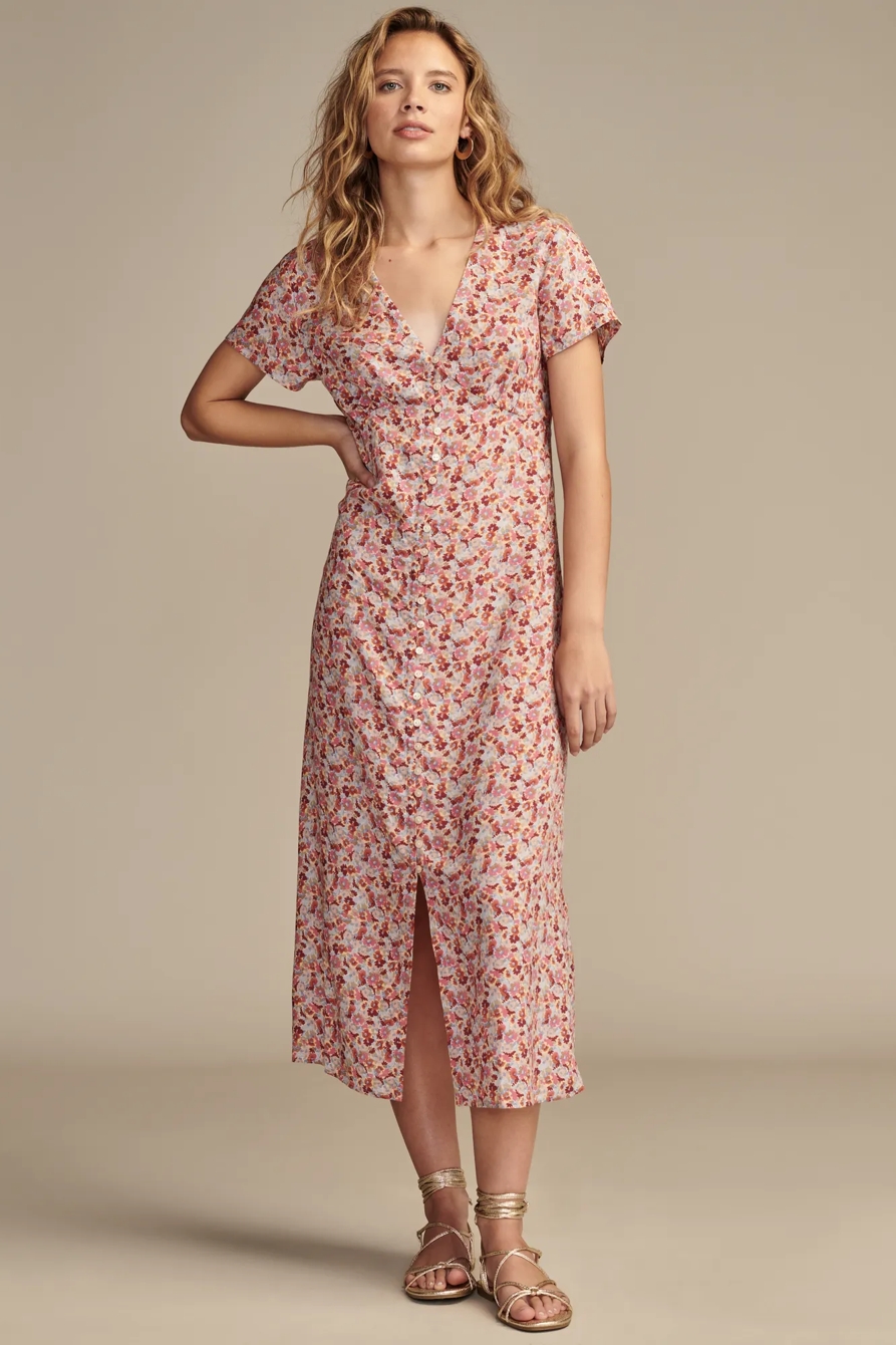 PRINT SHORT SLEEVE BUTTON FRONT MIDI DRESS, image 1