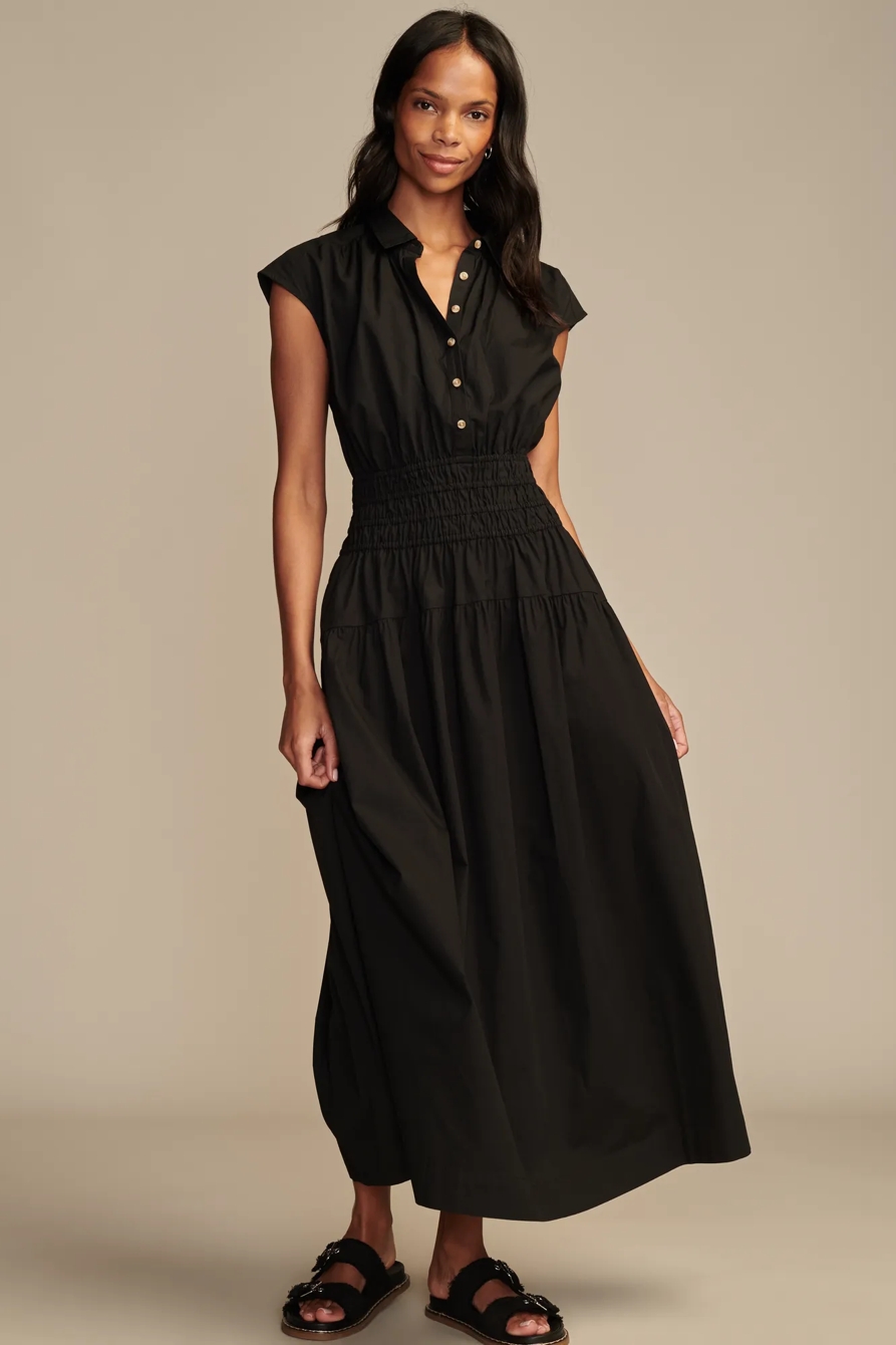 SOLID SMOCKED DROPPED WAIST MIDI SHIRT DRESS, image 1
