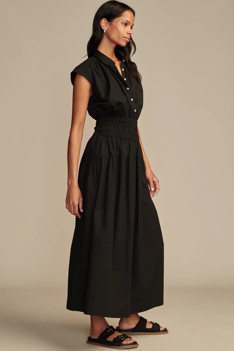 SOLID SMOCKED DROPPED WAIST MIDI SHIRT DRESS, image 3