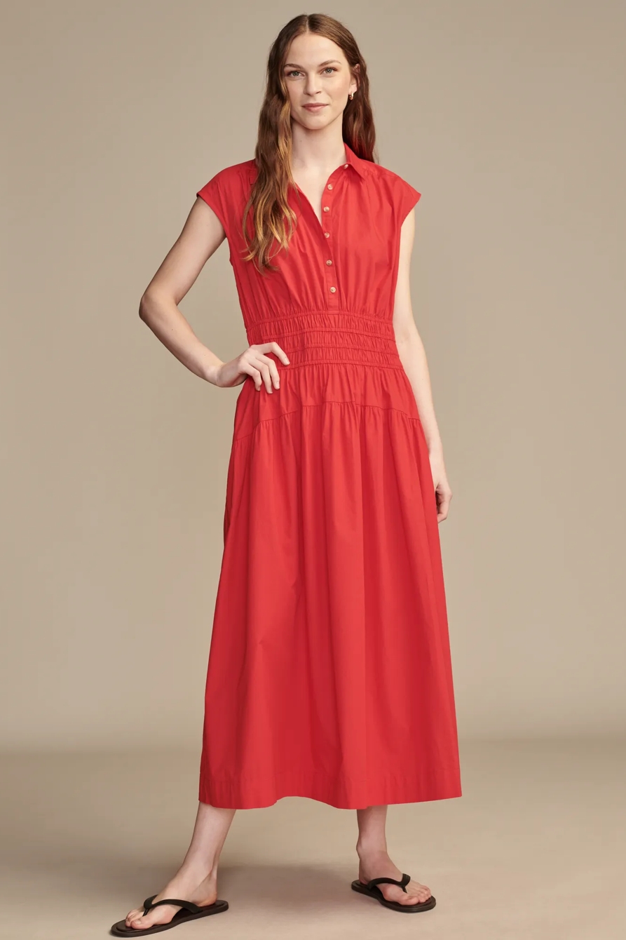 SOLID SMOCKED DROPPED WAIST MIDI SHIRT DRESS, image 1