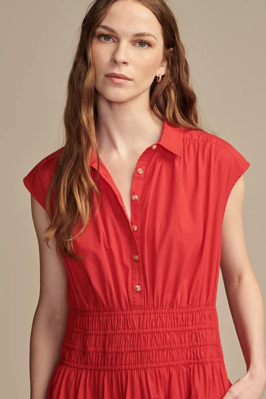 SOLID SMOCKED DROPPED WAIST MIDI SHIRT DRESS, image 3