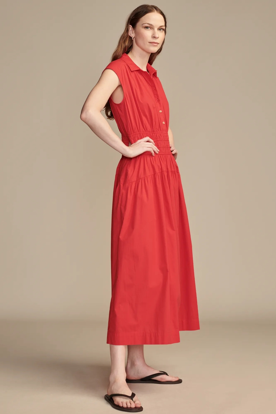 SOLID SMOCKED DROPPED WAIST MIDI SHIRT DRESS, image 4