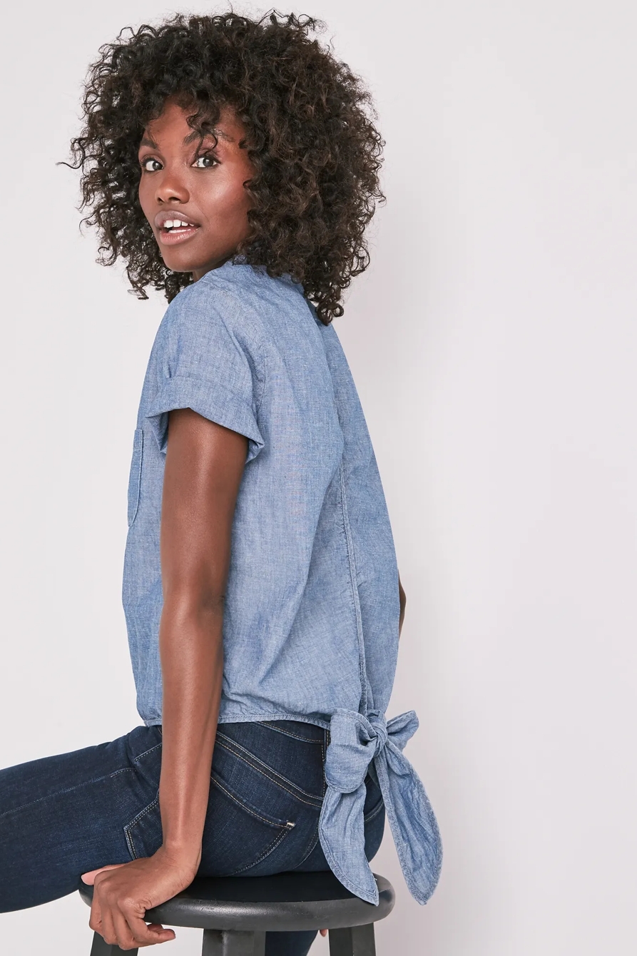 CHAMBRAY TIED BUTTON UP SHIRT, image 1