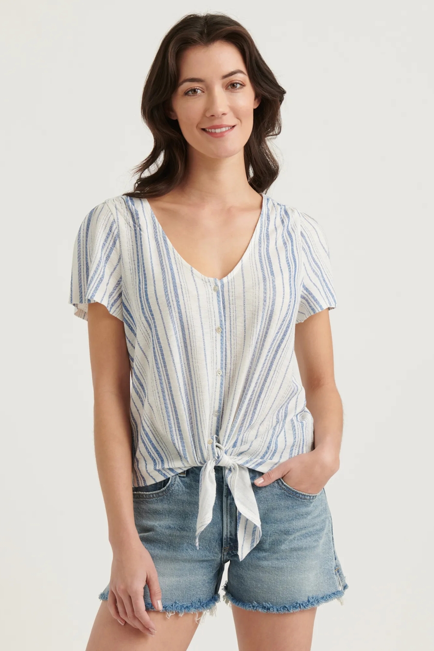 STRIPED BUTTON DOWN TIE FRONT TOP, image 1