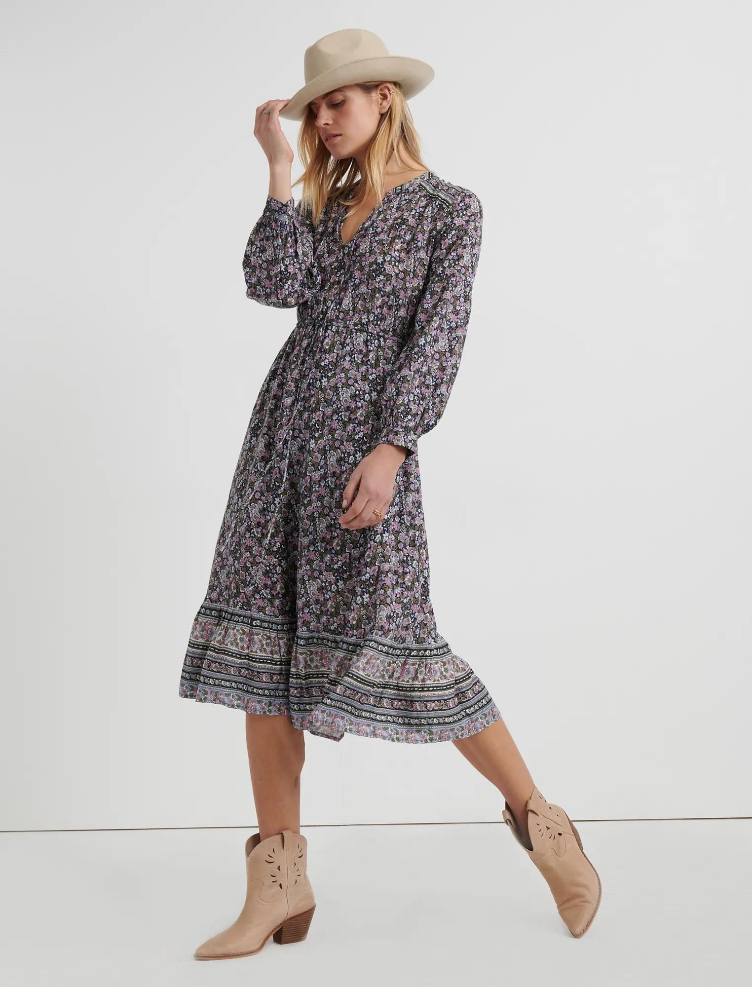 Long Sleeve BORDER PRINT MIDI DRESS, image 1