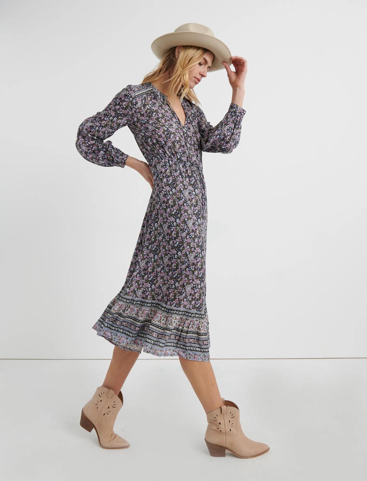 Long Sleeve BORDER PRINT MIDI DRESS, image 2