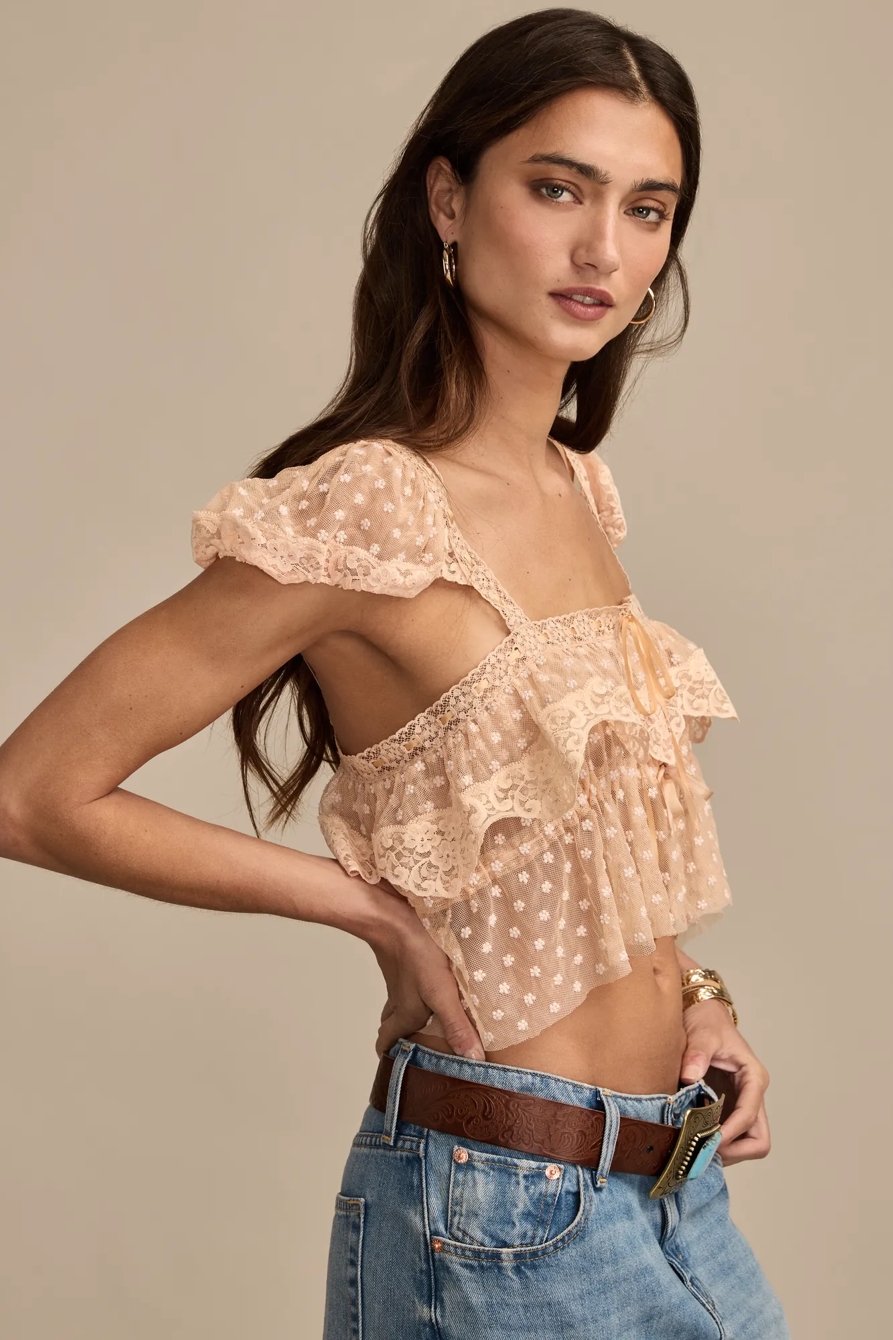Lucky Brand Upcycled Cap Sleeve Mesh Lace Tie Front Cami, image 1