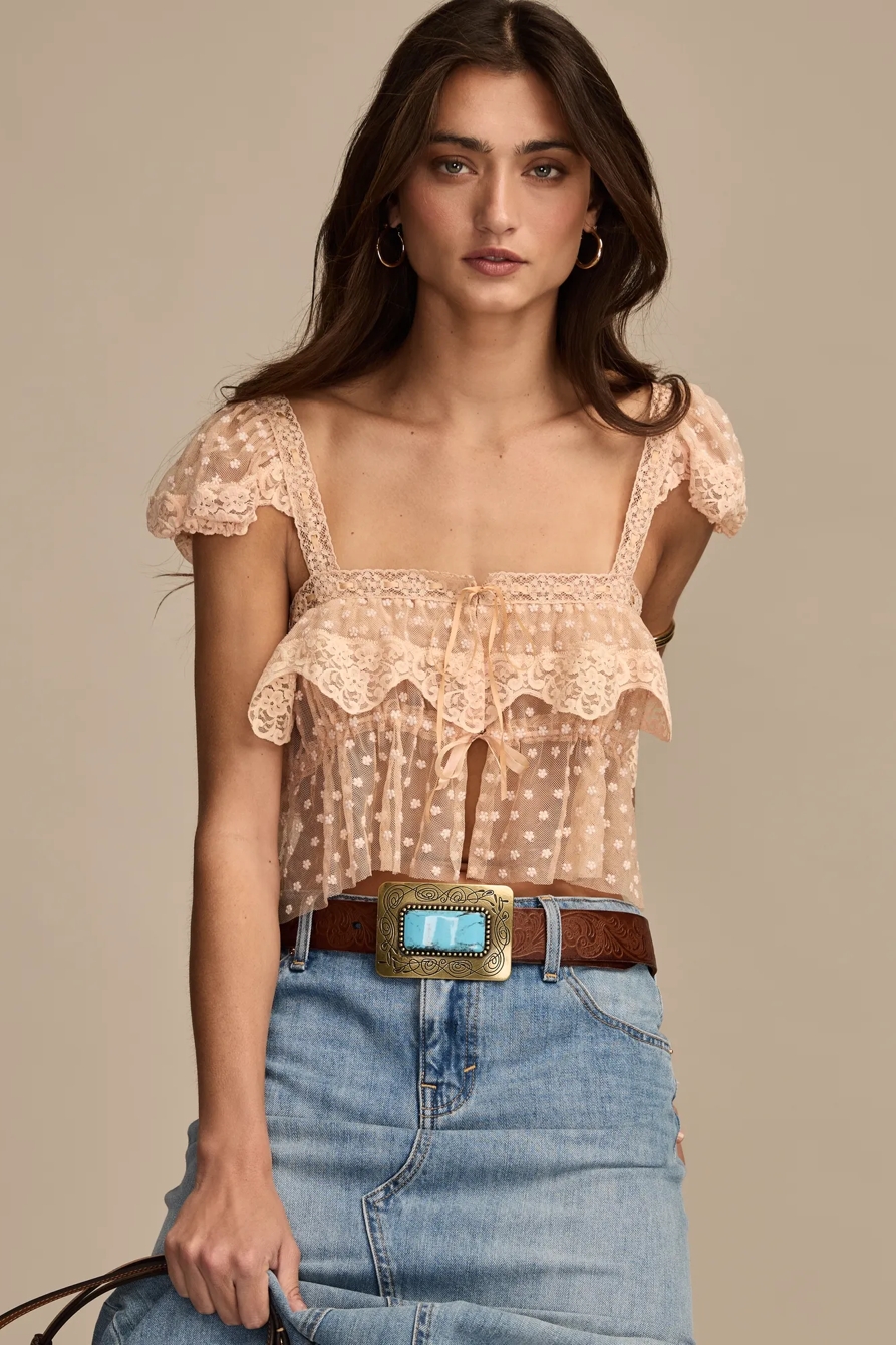 Lucky Brand Upcycled Cap Sleeve Mesh Lace Tie Front Cami, image 4