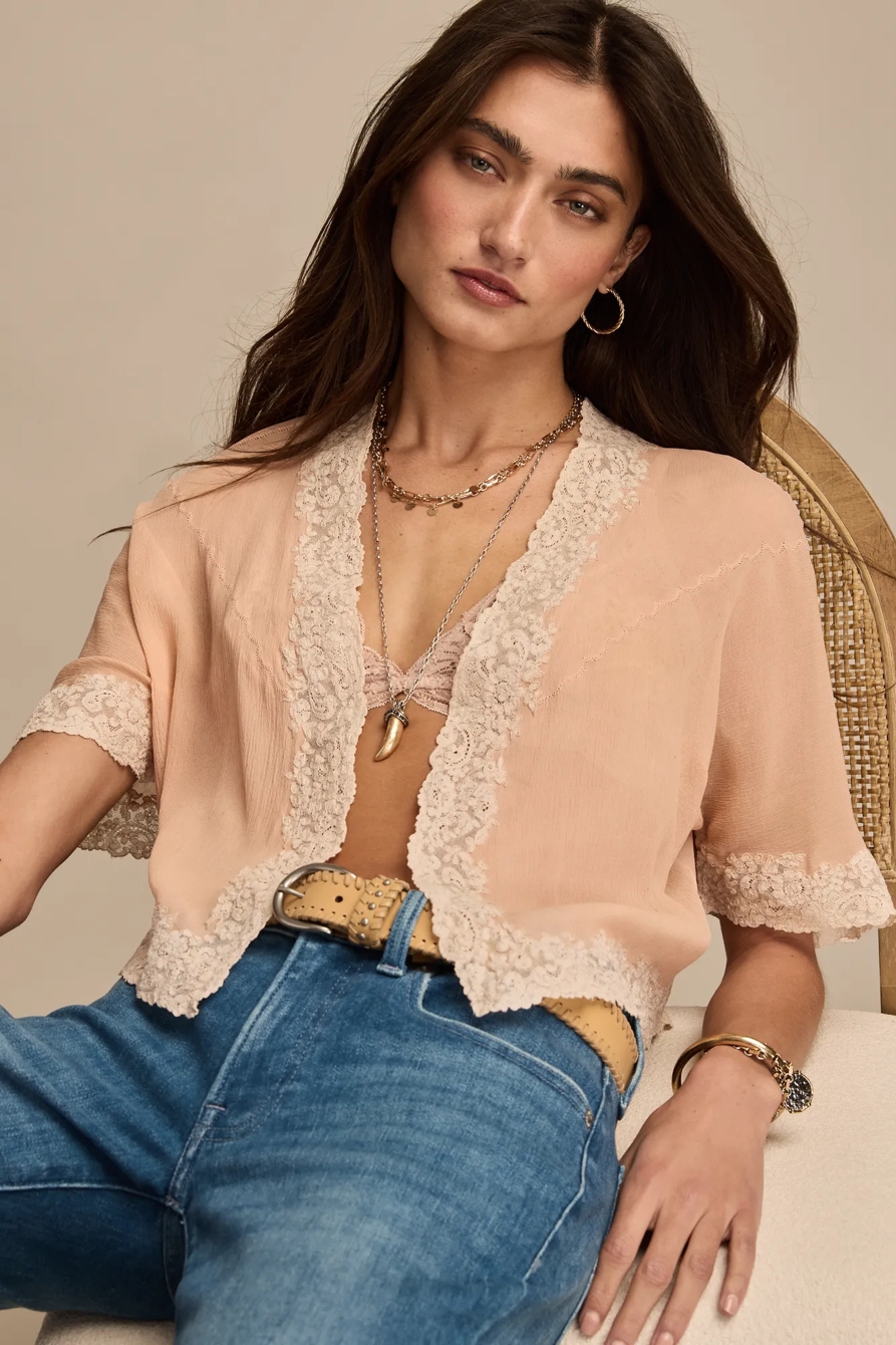 Lucky Brand Upcycled Vintage Lace Trimmed Chiffon Bed Jacket, image 2
