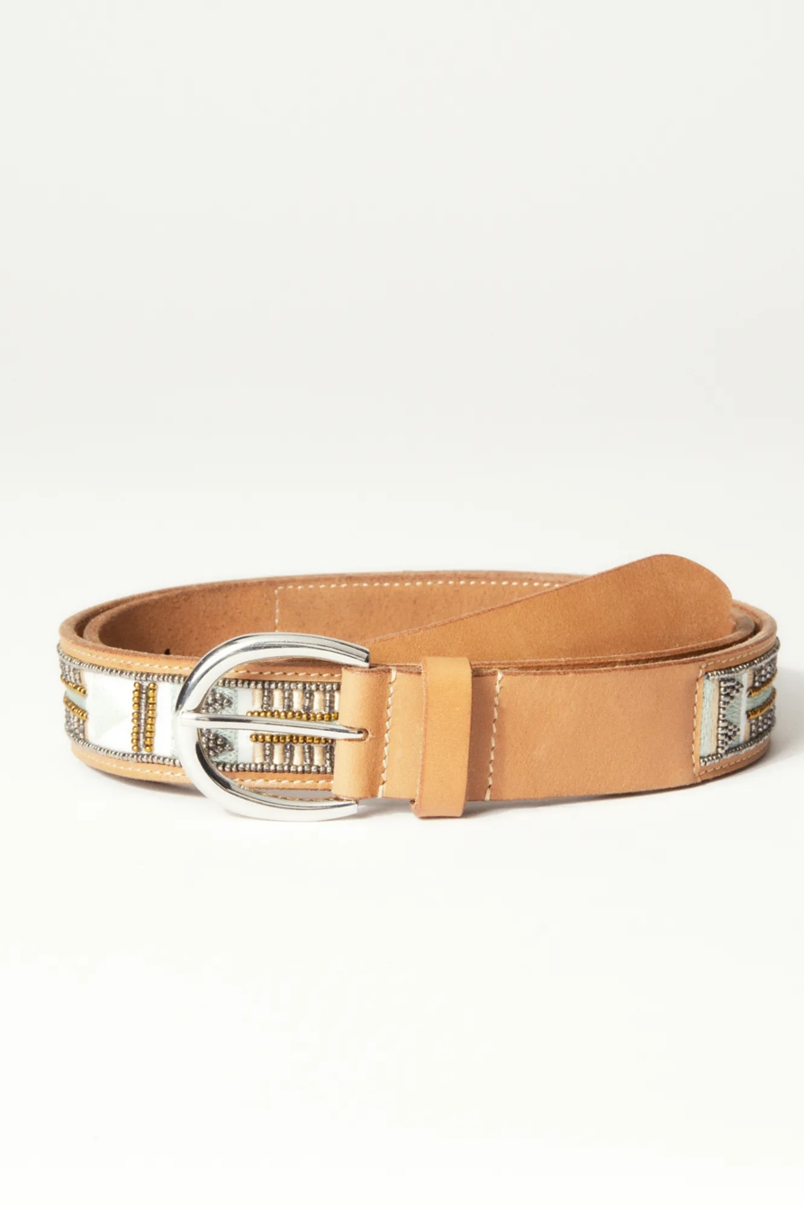GEO BEADED AND EMBROIDERY TAN BELT, image 1