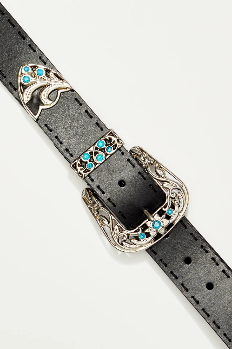 TURQUOISE WESTERN BUCKLE STITCH BELT, image 2