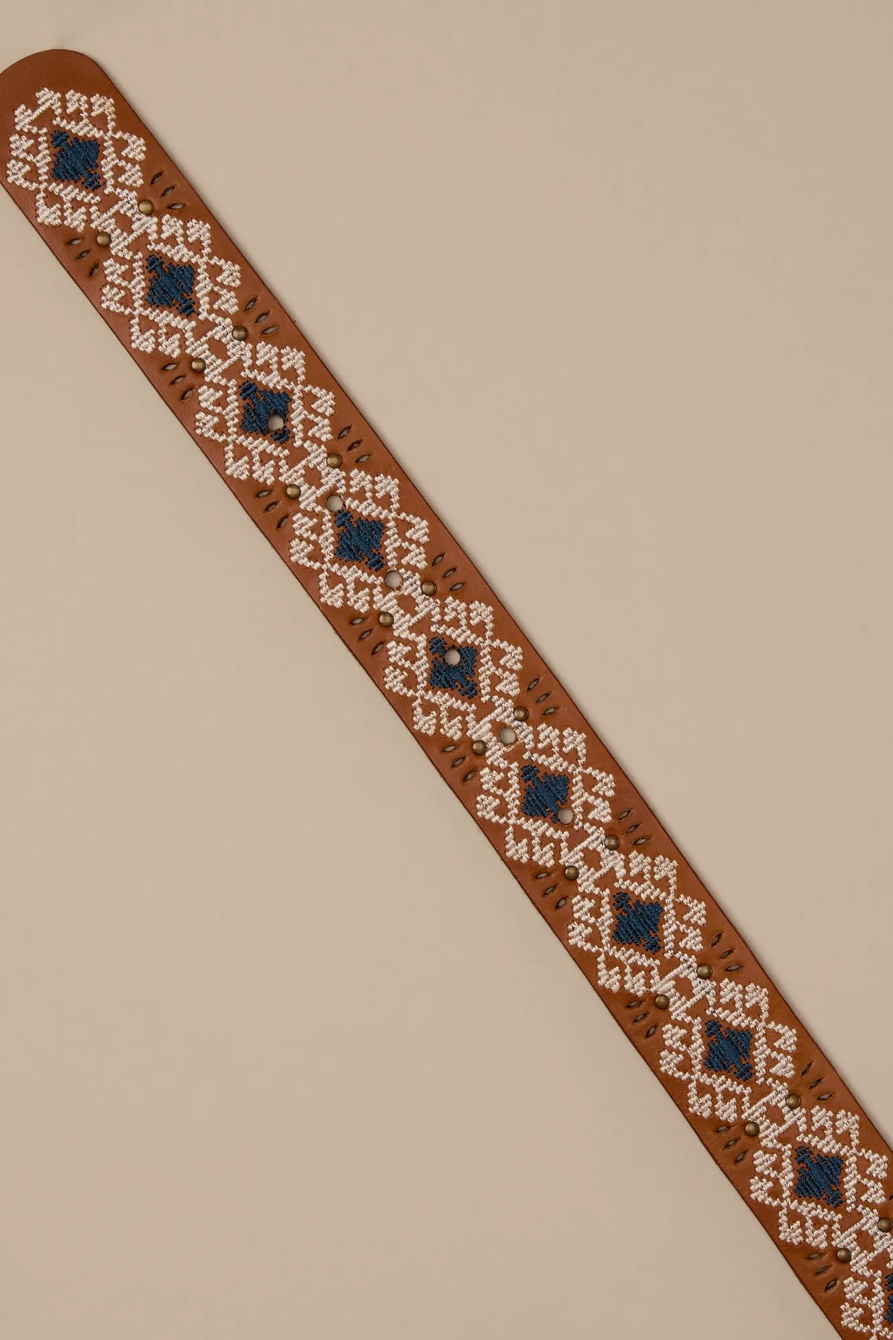 TAN BELT WITH WHITE AND BLUE EMBROIDERY, image 2
