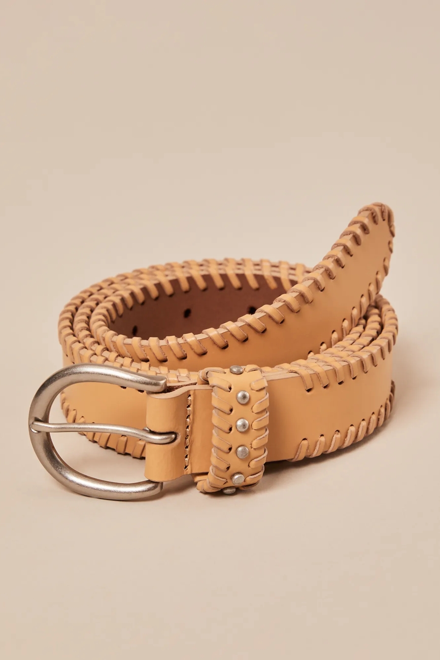 LACED LEATHER BELT WITH METAL STUDDED KEEPER, image 1