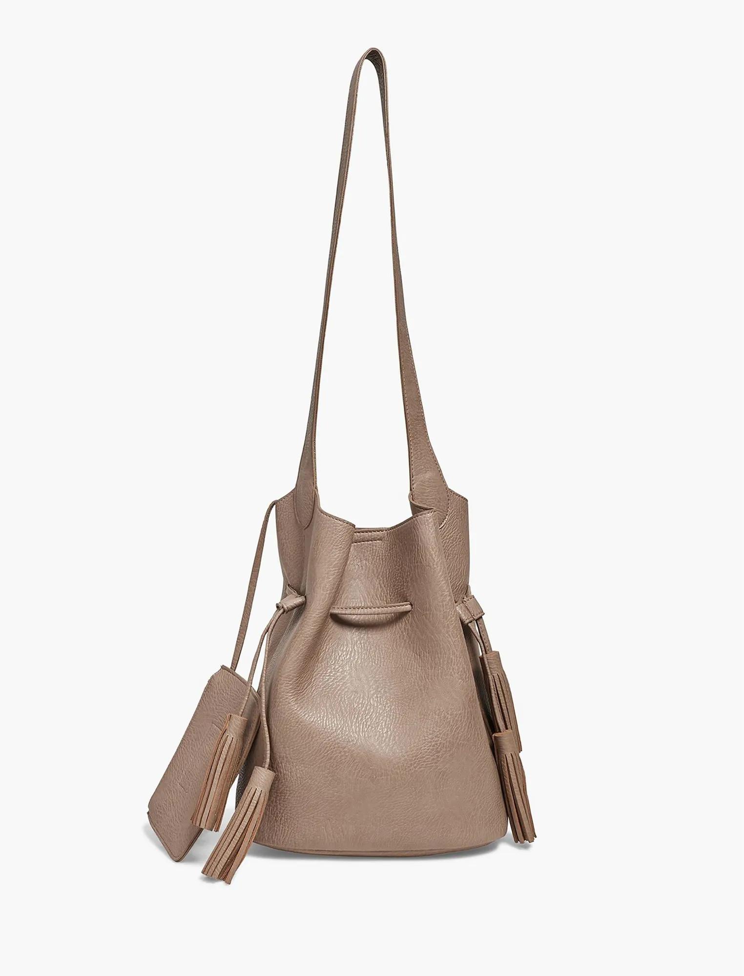 DRAWSTRING VEGAN LEATHER BUCKET BAG, image 2