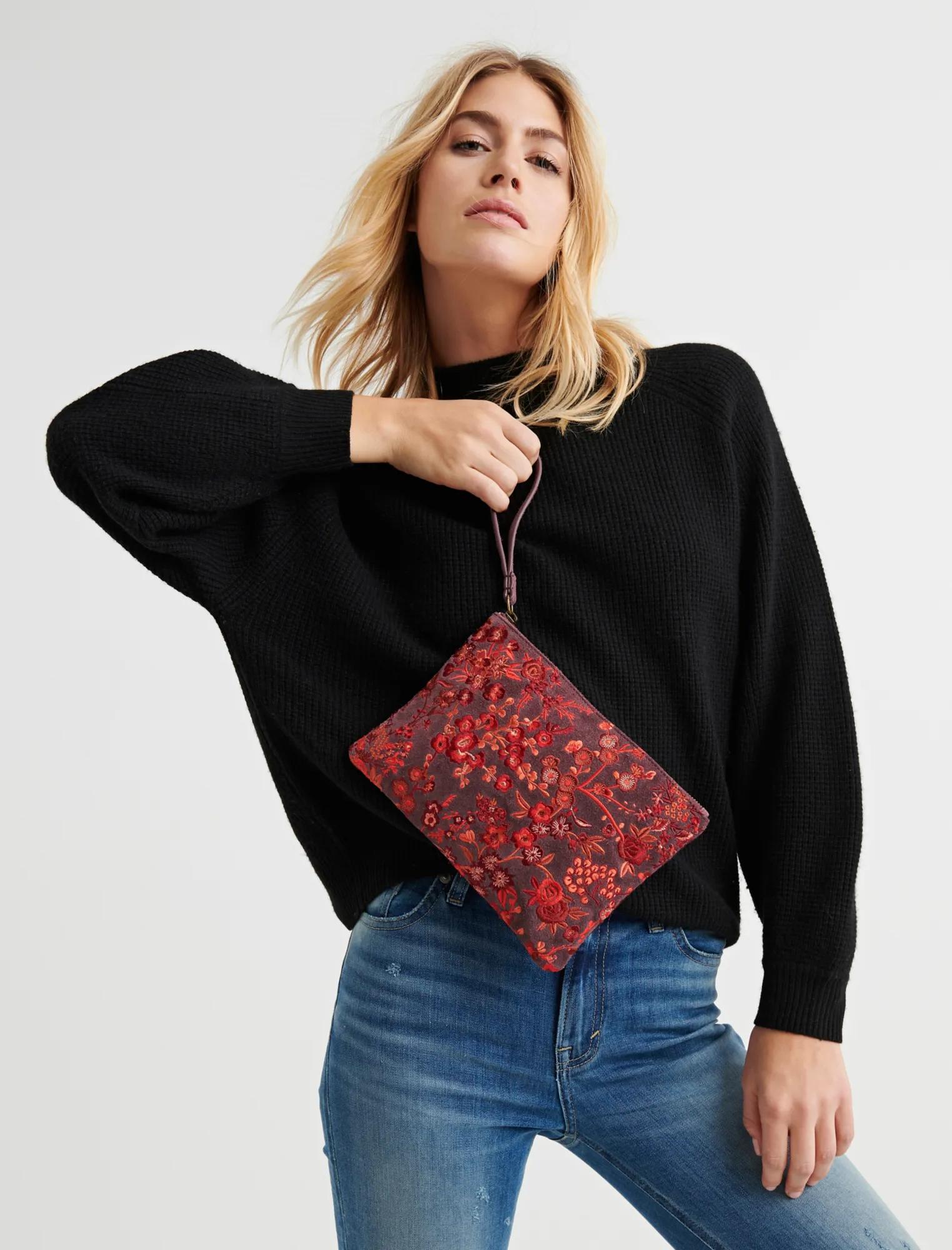 CRIMSON FLORAL EMBROIDERIED POUCH, image 2