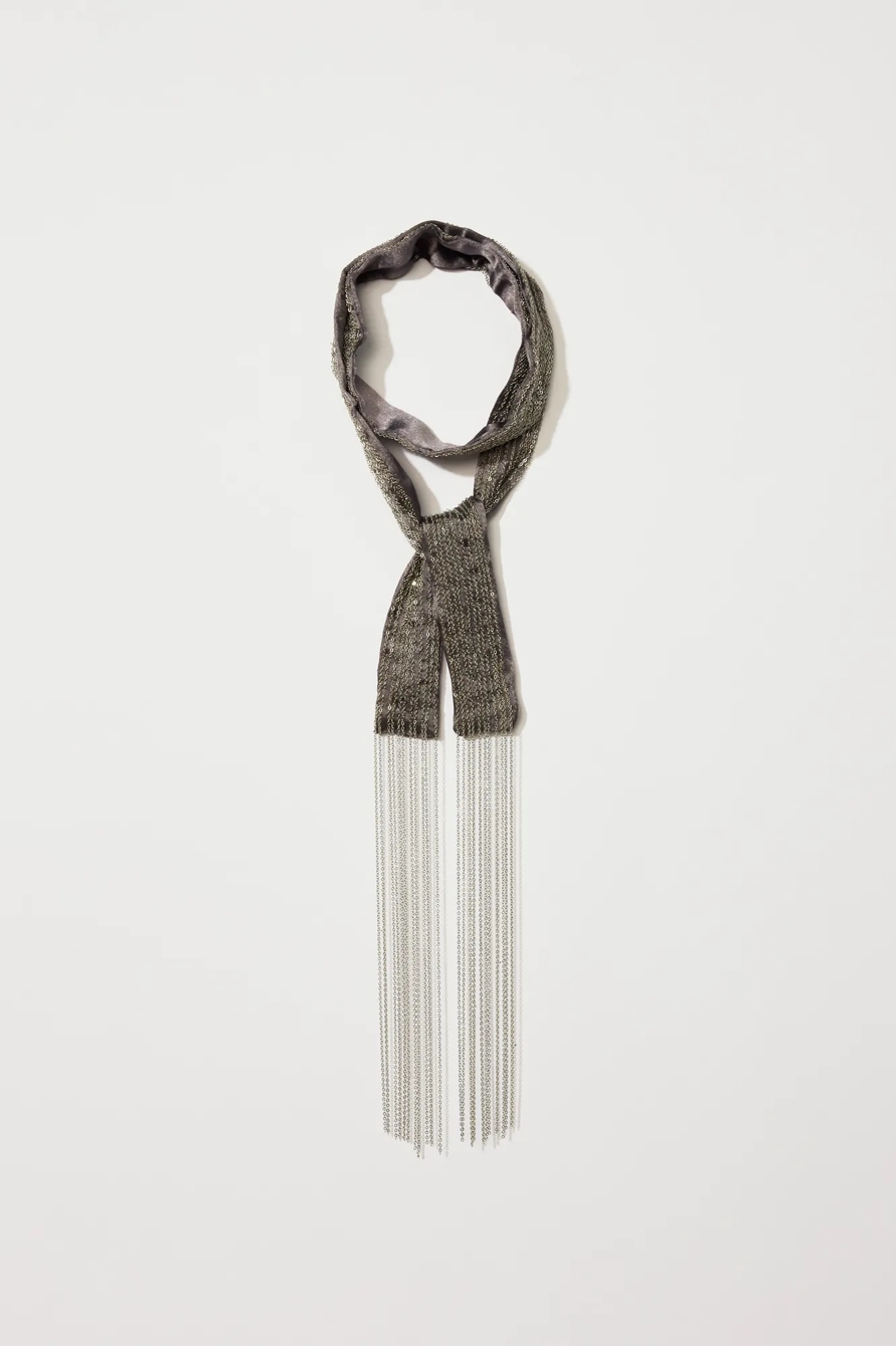 CHAIN FRINGE SILK SKINNY SCARF, image 2