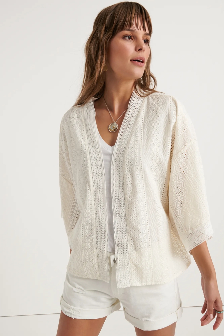 EMBROIDERED EYELET SHORT KIMONO, image 1