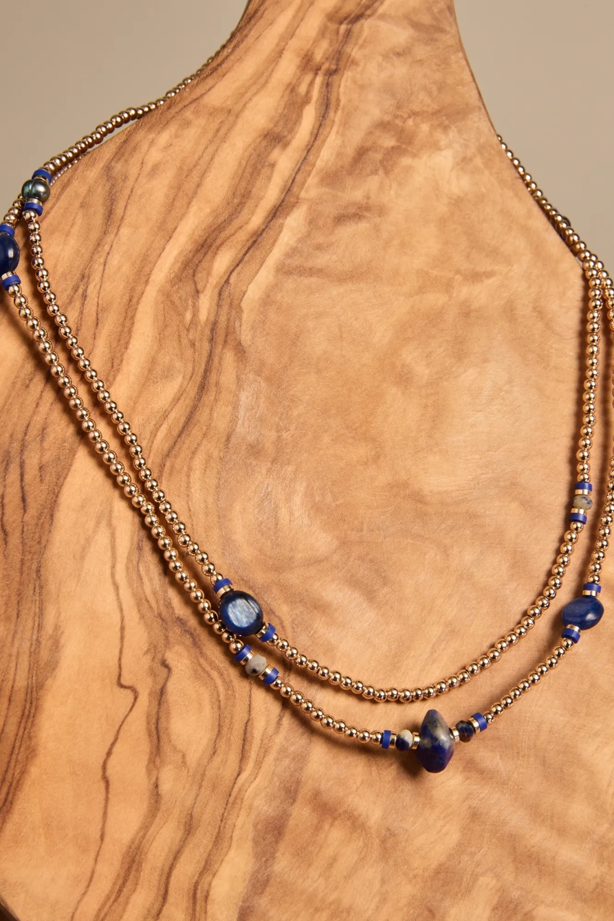 GOLD AND BLUE BEADED STRETCH NECKLACE, image 1