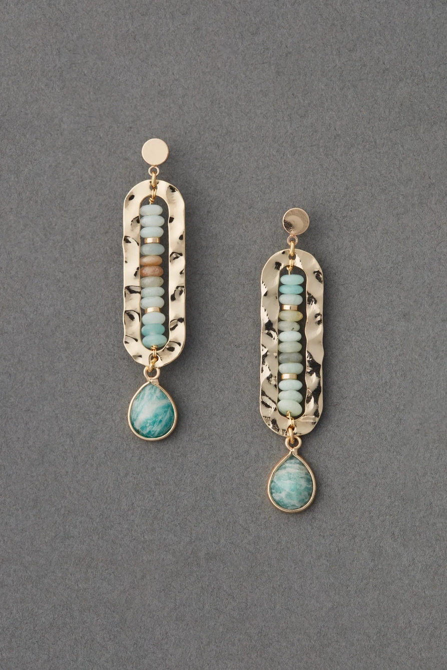 HAMMERED METAL AND BEADED STONE DROP EARRING, image 1