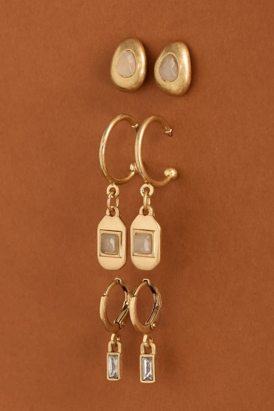 STONE CHARM HOOP AND STUD EARRINGS SET, image 1