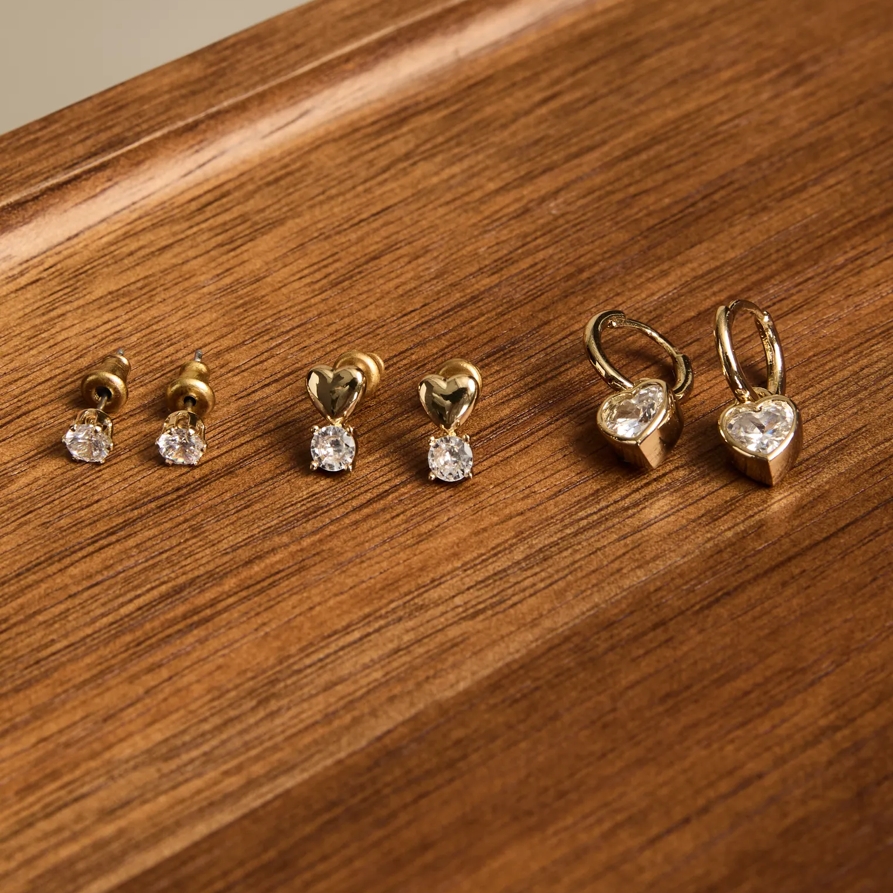 Lucky Brand Crystal Heart And Hoop Stud Earring Set - Women's Ladies Accessories Jewelry Earrings
