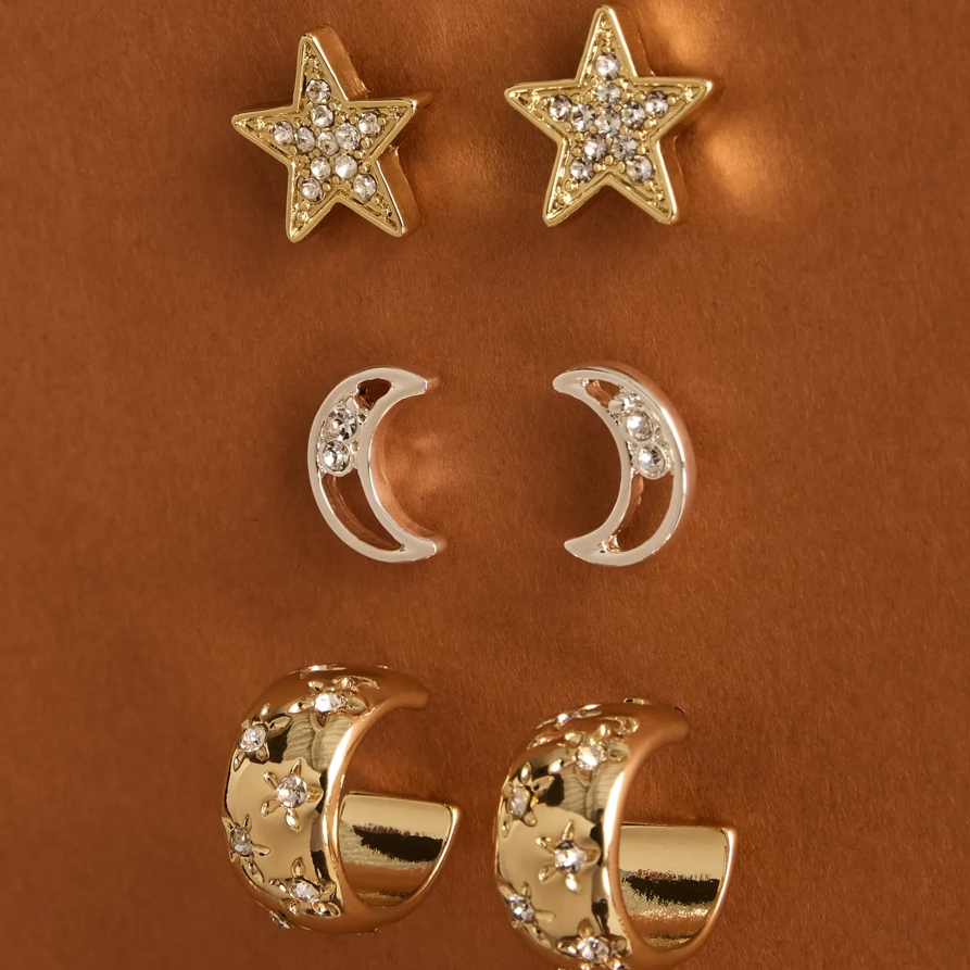 Lucky Brand Star And Moon Stud And Hoop Earring Set - Women's Ladies Accessories Jewelry Earrings