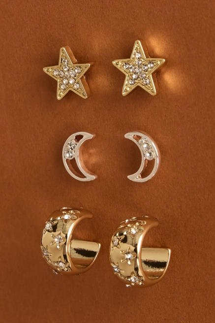 STAR AND MOON STUD AND HOOP EARRING SET, image 1