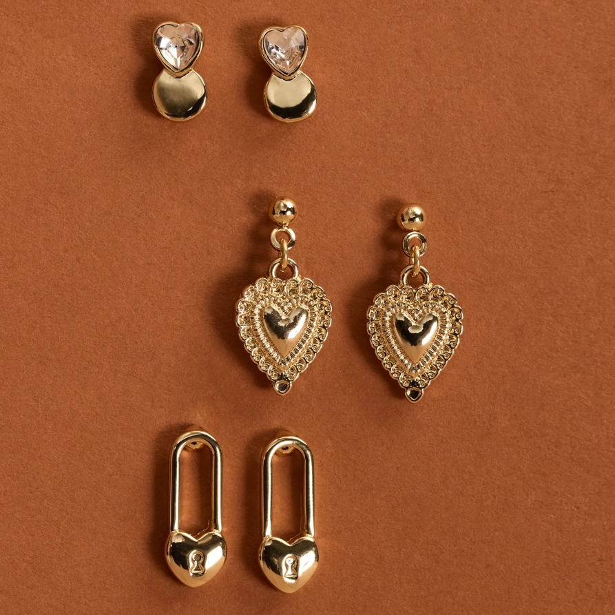 Lucky Brand Heart Lock Earring Set - Women's Ladies Accessories Jewelry Earrings in Gold