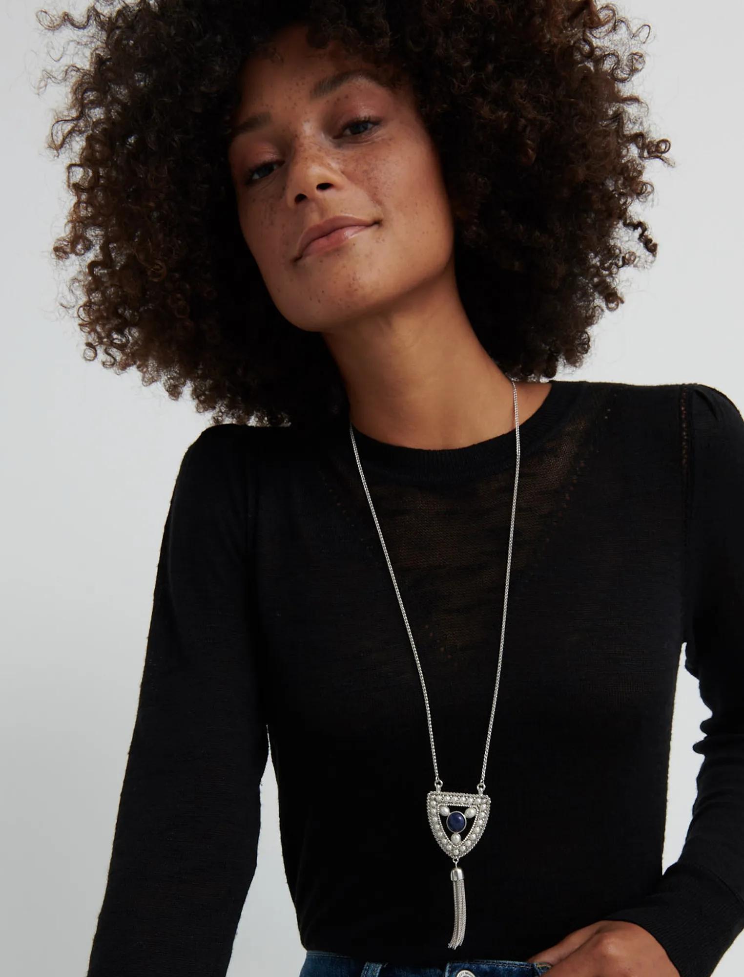 PEARL AND LAPIS SET STONE PENDANT NECKLACE, image 2