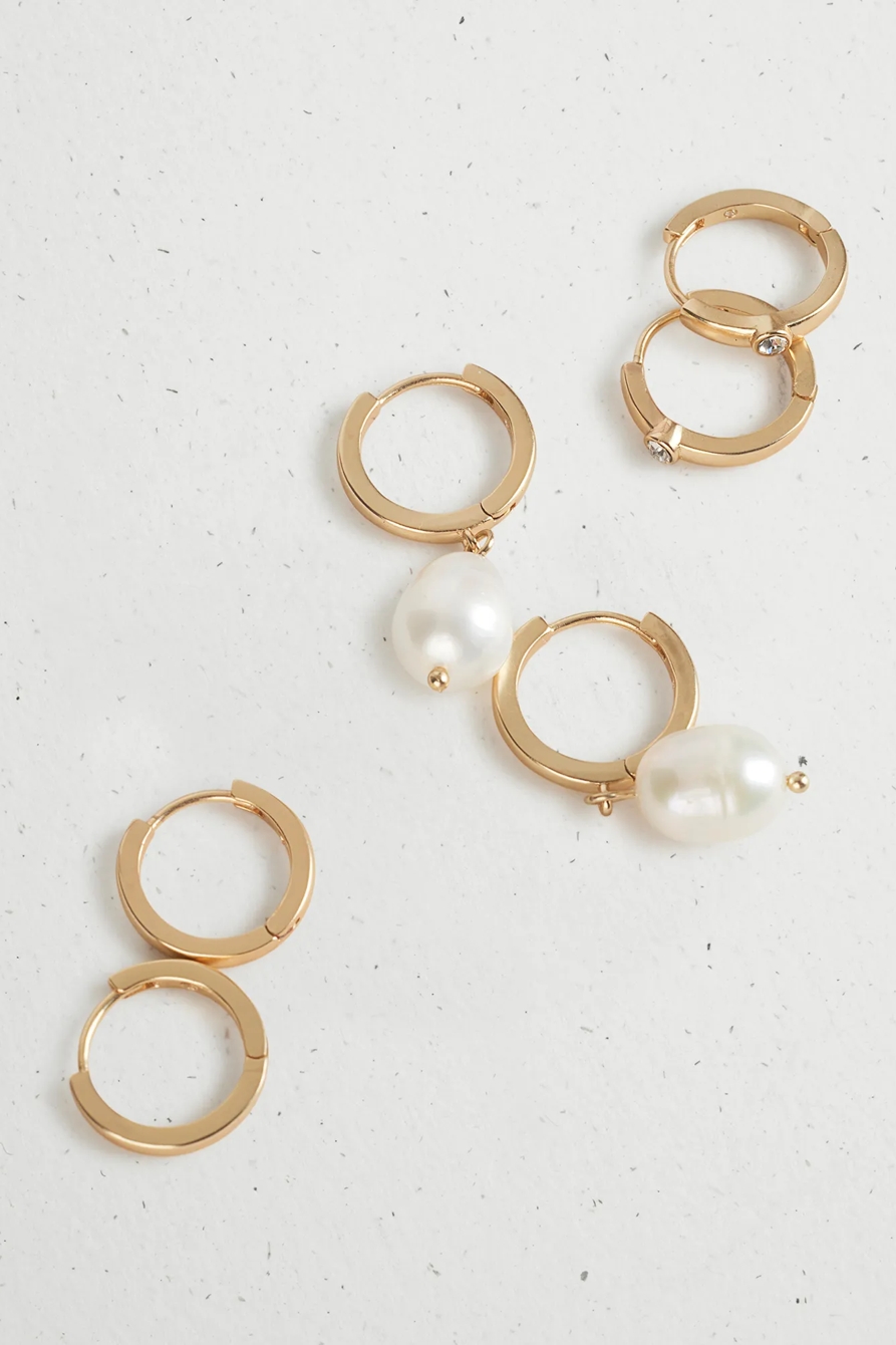 PEARL HUGGIE HOOP TRIO EARRING SET, image 2