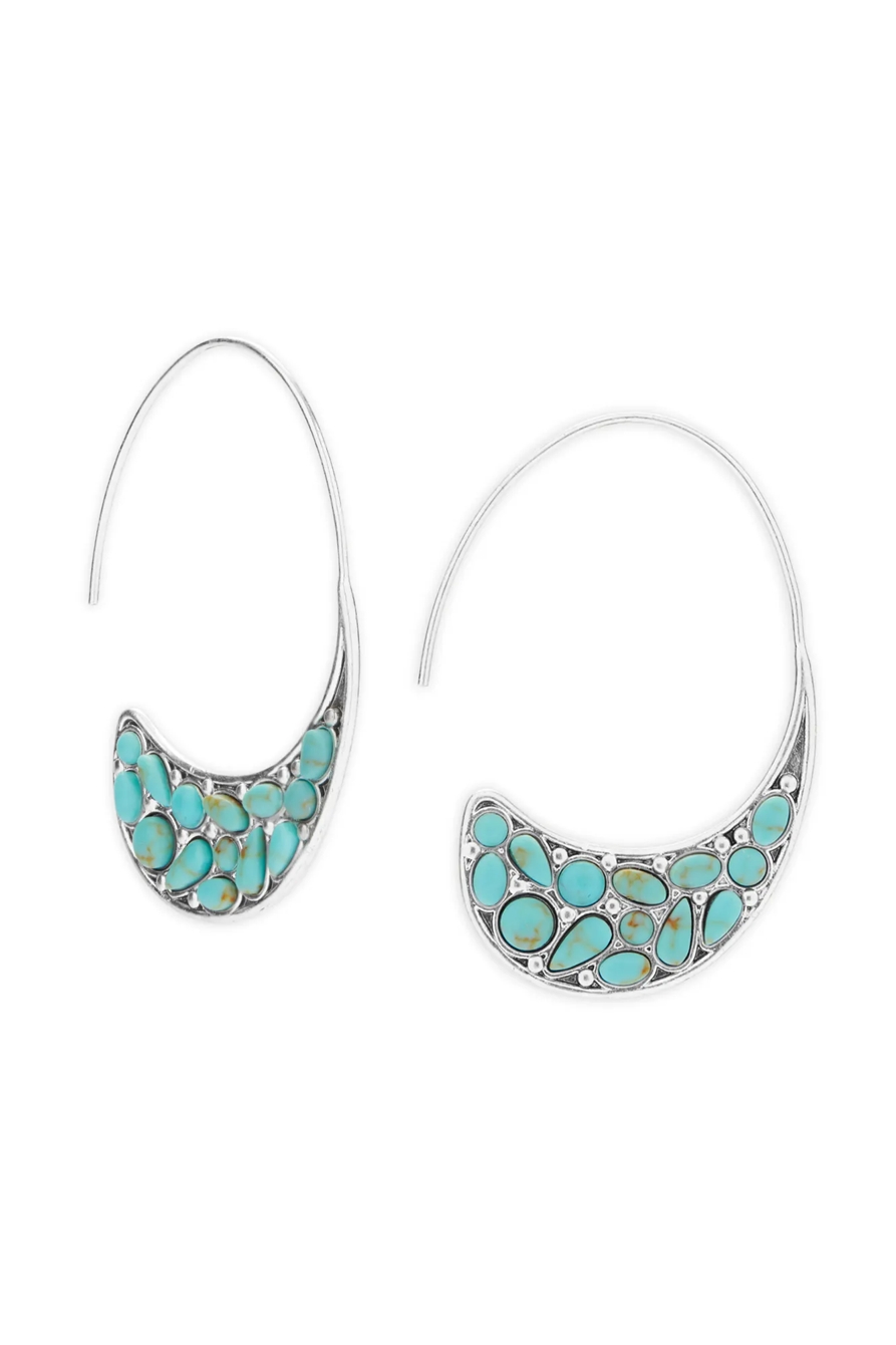 TURQUOISE SET STONE THREADER HOOP EARRING, image 1