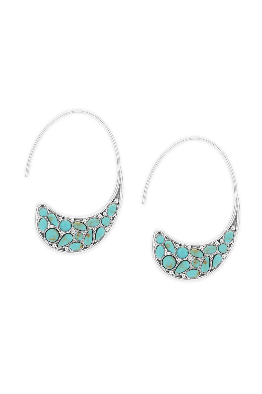 TURQUOISE SET STONE THREADER HOOP EARRING, image 2