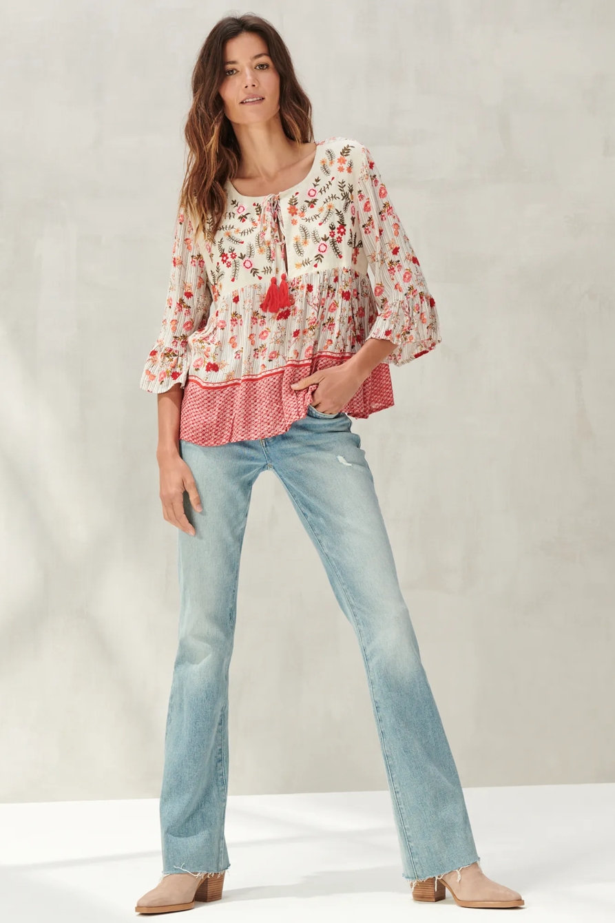 EMBROIDERED BORDER PRINT PEASANT TOP, image 2