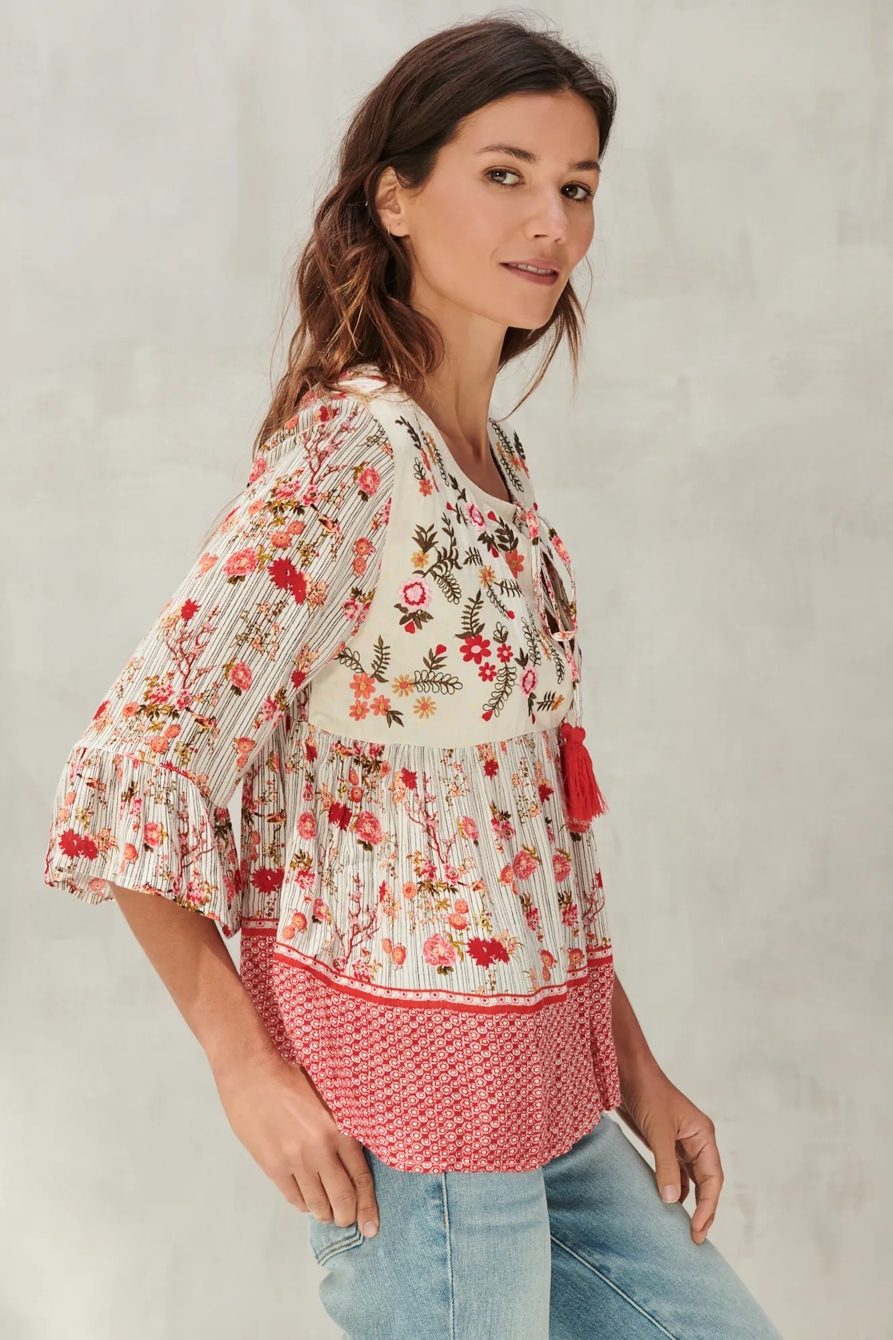 EMBROIDERED BORDER PRINT PEASANT TOP, image 3