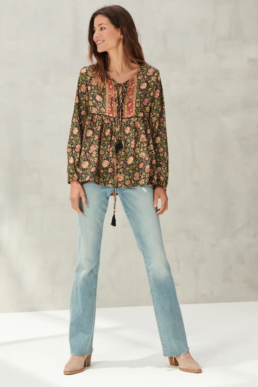 TIE NECK PRINT PEASANT TOP, image 2