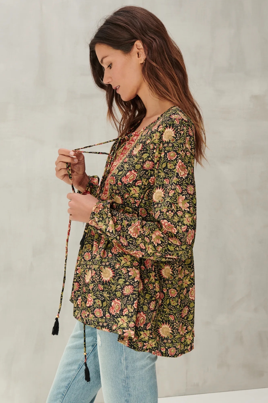 TIE NECK PRINT PEASANT TOP, image 3