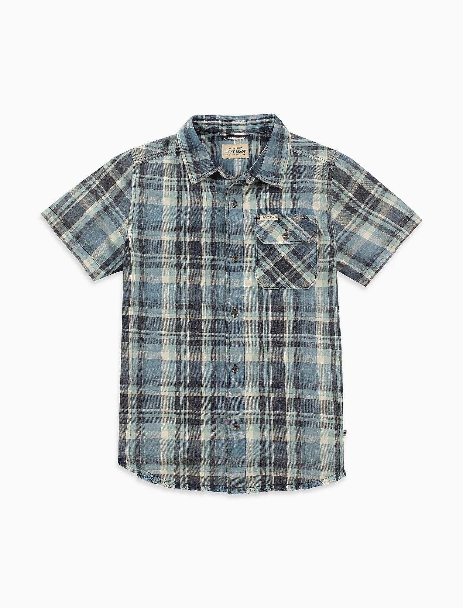 Lucky Brand Short Sleeve Button Up Monroe Shirt Camicia, Plaid